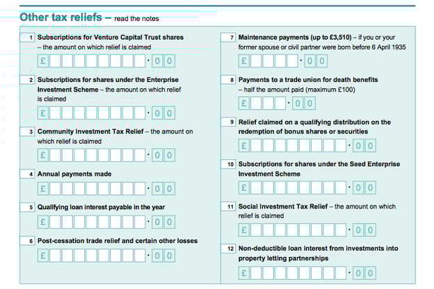 The 'Other tax reliefs' part of the self assessment form
