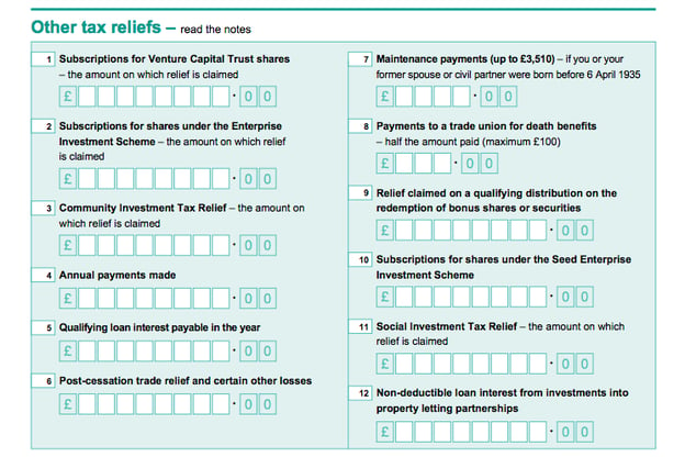 The 'Other tax reliefs' part of the self assessment form