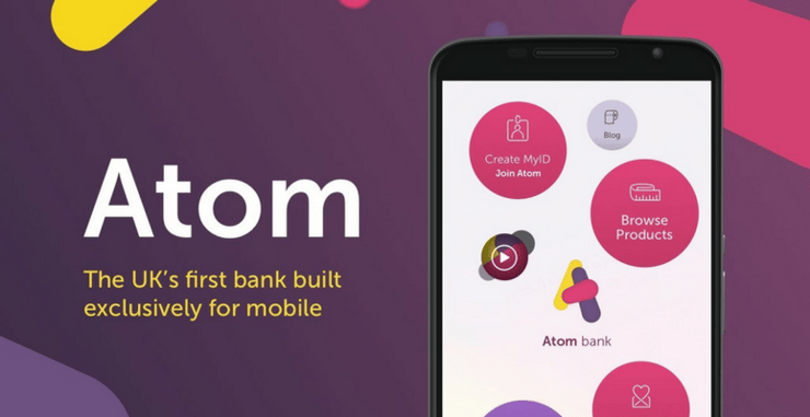 The Atom Bank logo, strapline and screenshot of mobile app