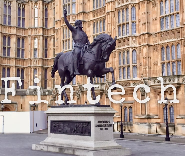 Richard Coeur de Lion statue overlaid with the words 'fintech'