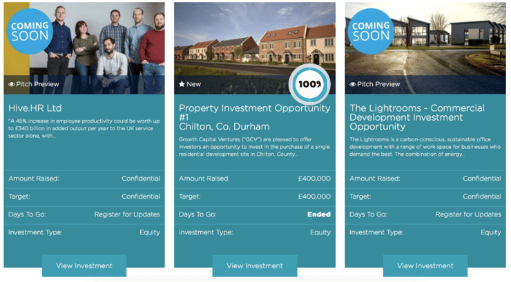 A screenshot of the GrowthFunders investment opportunities carousel