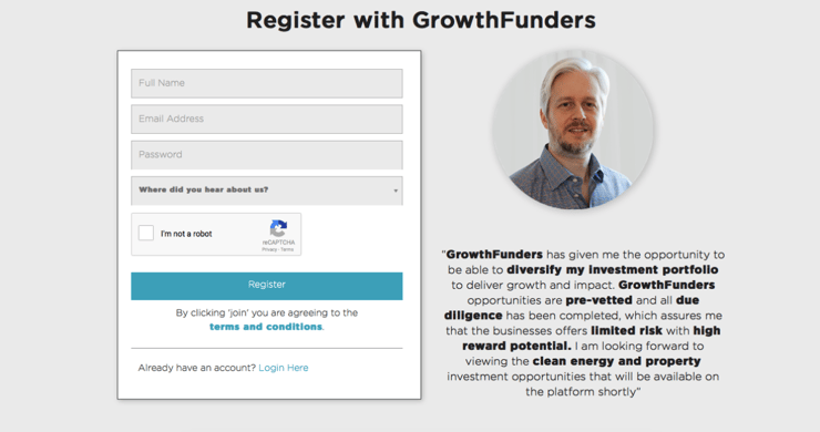 A screenshot of the 'Register' screen on GrowthFunders.com