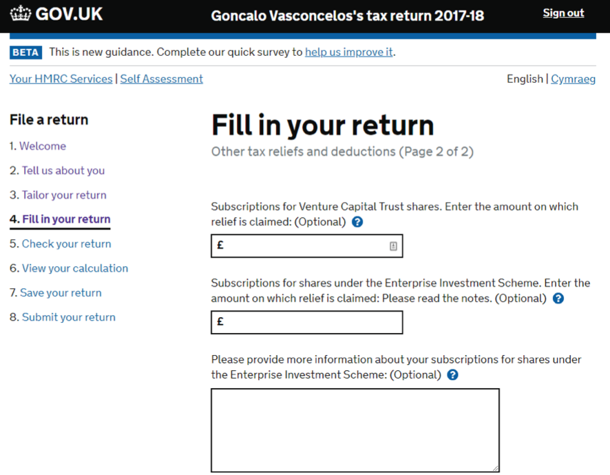 Claiming EIS tax relief on your online self-assessment form