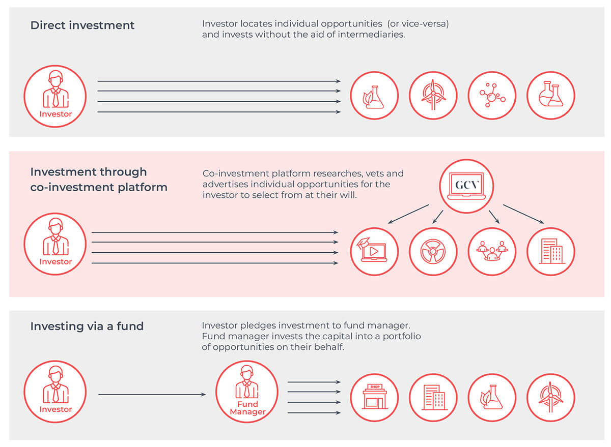 Three different investment pathways including direct investment, co-investment platforms and funds